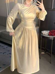 DAZY Vestido Formal de Cetim Dourado Primavera/Verão, Vestido Longo Elegante para o Dia dos Namorados, Casamento, Festa, Baile de Formatura, Coquetel, Vestido Cintilante para Trabalho - Dourado - Visão 1