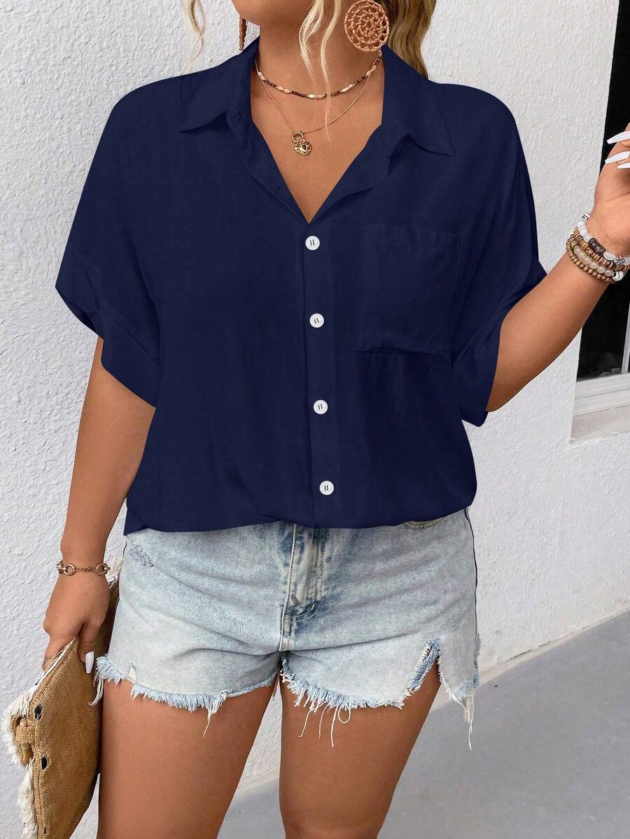 Elenzga Plus Size Solid Color Turndown Collar Front Button Casual Short Sleeve Shirt - Navy Blue - View 1
