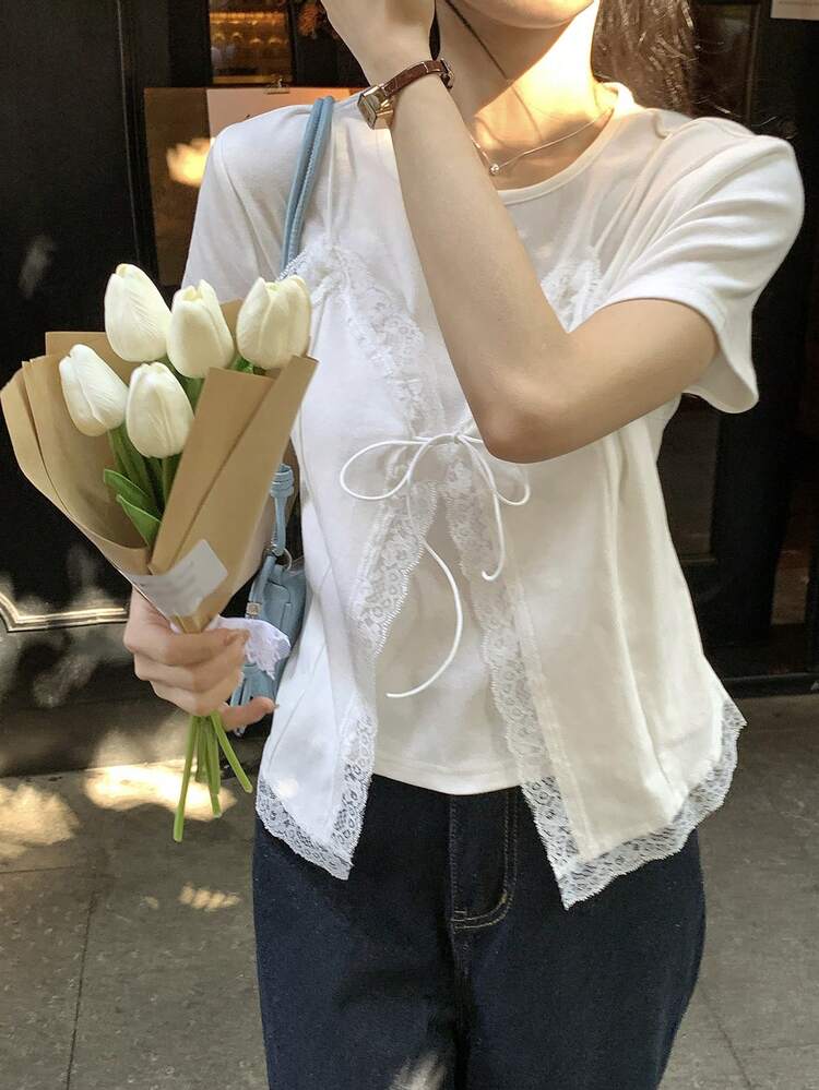 Women's 2 In 1 Lace Patchwork Round Neck Short Sleeve T-Shirt