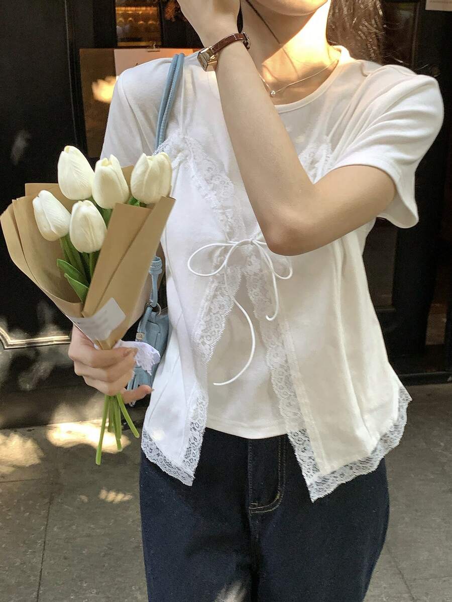DAZY 女士二合一蕾丝拼接圆领短袖T恤 - 白色 - 查看 1