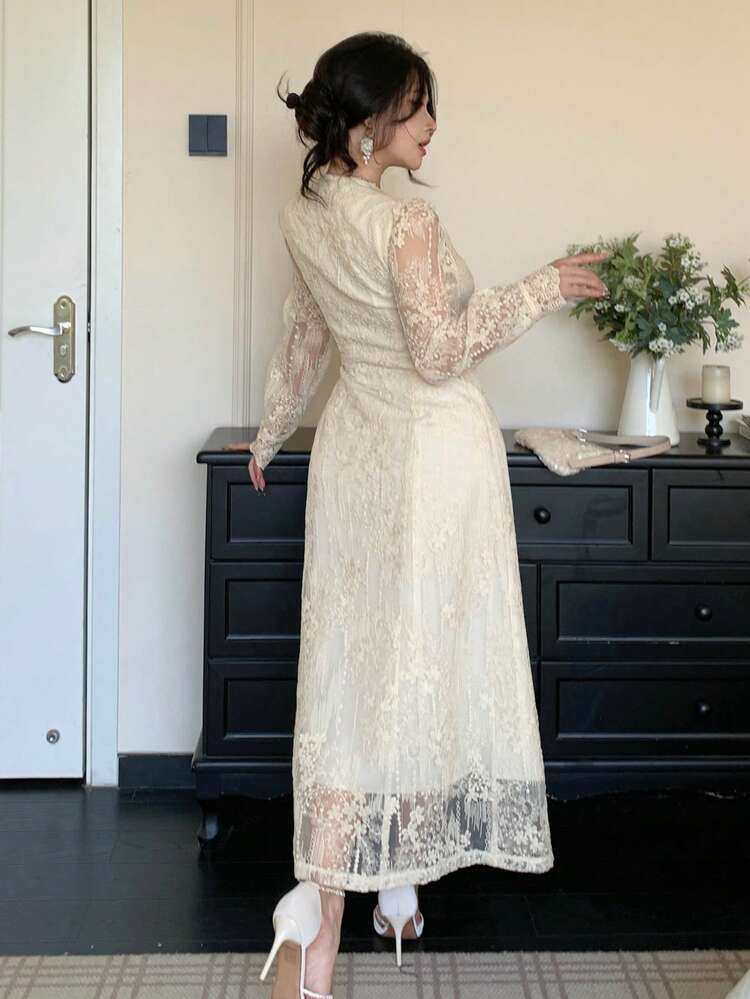 Elegant V-Neck Lace Puff Sleeve Long Dress For Women, Spring/Summer Wedding Guest Dress Sundress