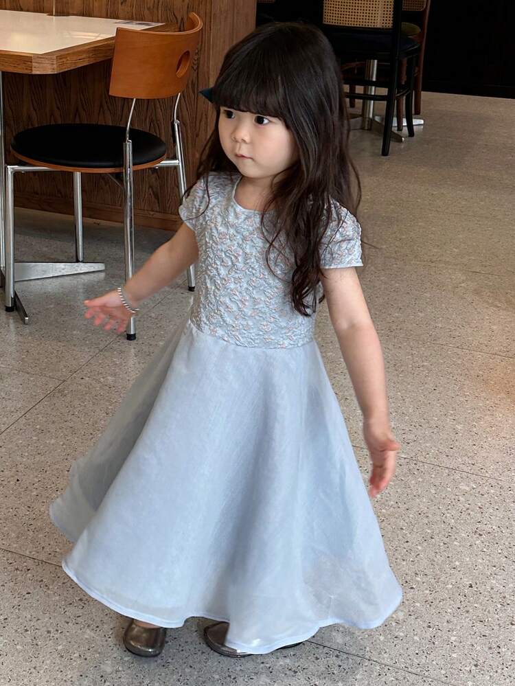 Baby Girl Embossed Round Neck Elegant Short Sleeve Dress Toddler Girls Clothes