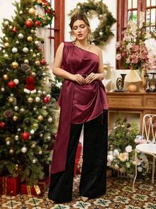 VOLUPTÉ CURVE Plus Size Summer Burgundy Asymmetric Cape Top With Black Pants Two-Piece For Parties, Going Out, Receptions, Graduation, Birthdays - Rust Brown - View 4