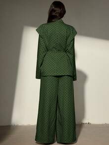 Aveloria Modichic 女士波点个性化长袖宽肩宽松翻领腰带直筒裤套装，初秋 - 綠色 - 查看 2