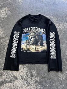 ROMWE MEN Herren Rundhals Straßen-Charakter Muster Destroyed Langarm T-Shirt