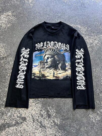 T-shirt a maniche lunghe da uomo con scollo tondo, stampa di personaggi da strada e effetto consumato