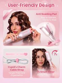 SHEGLAM HAIR 丘比特魅力沙灘寶貝捲髮棒 - 25mm 美規插頭，離子捲髮器，雙管捲髮棒，防燙設計，5000萬離子，10分鐘快速捲髮，智能定時器和可調節溫度，女士易用美髮工具