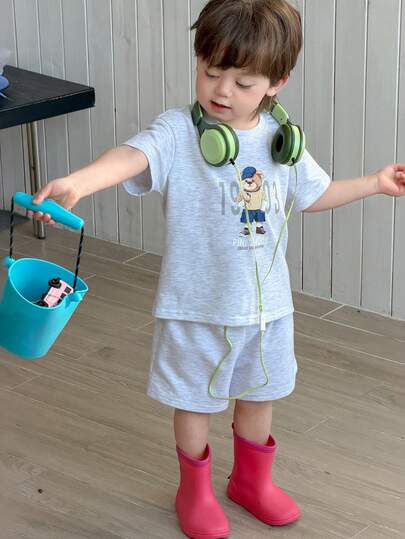 DAZY Toddler Boys' Cartoon Print Round Neck Short Sleeve T-Shirt And Shorts Set