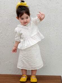 DAZY 女童V领荷叶边蕾丝镂空上衣和A字裙两件套