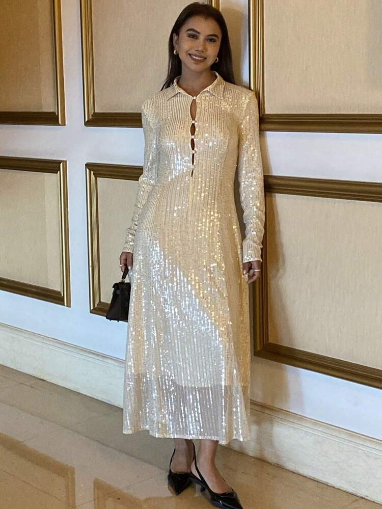 Women's Sequin Embellished Midi Dress With Collar Sparkly Dress Sundress