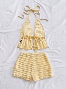 SHEIN WYWH 女士度假休闲纯色露背吊带上衣和短裤两件套 - 淡黃色 - 查看 2