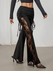 SHEIN PETITE 女士黑色蕾丝侧拼接腰部抽绳喇叭裤，性感度假风 - 黑色 - 查看 6