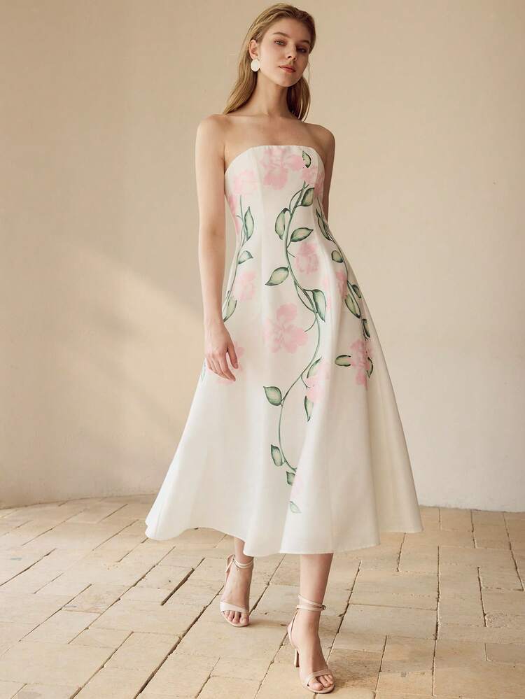 WOMEN'S SUMMER BANDEAU WAIST CINCHING FLORAL PRINT MID-LENGTH DRESS