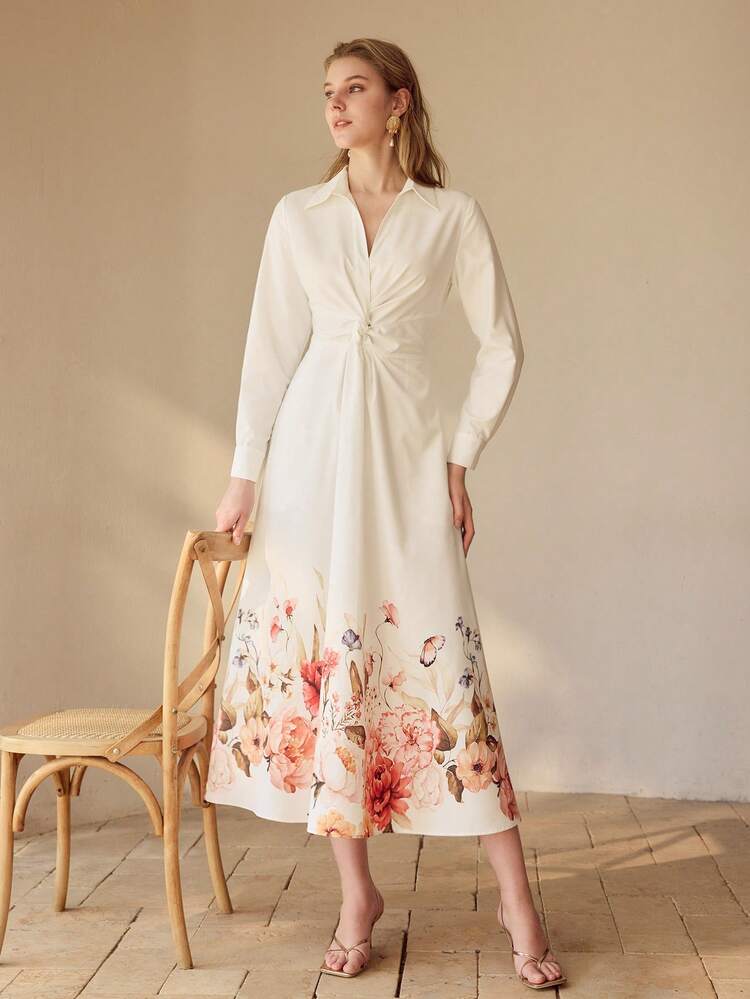 WOMEN'S ELEGANT TWIST FLORAL PRINT SHIRT DRESS