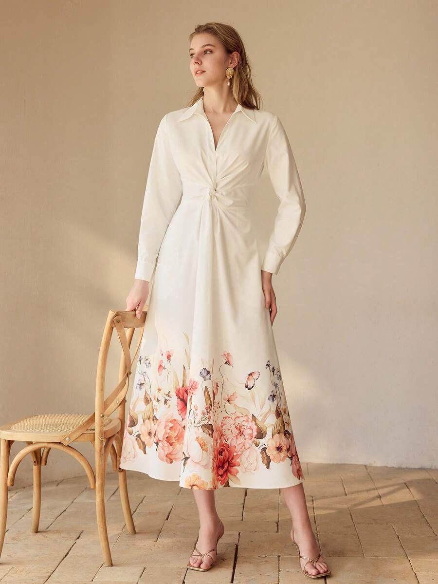 MOTF PREMIUM WOMEN'S ELEGANT TWIST FLORAL PRINT SHIRT DRESS - Pearl White - View 1