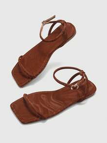 CUCCOO BIZCHIC Square Toe Minimalist Strap Flat Sandals For Women, Simple Fashion Commute Outdoor Summer Vacation Footwear Summer Shoes - Aurora Brown - View 6