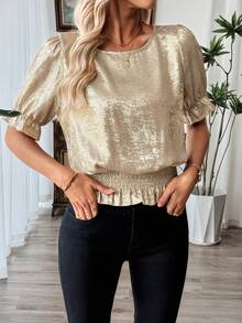 Selamara Diseño romántico de manga corta acampanada, perla dorada brillante, elegante para fiestas y oficina, blusa dorada de Pascua para mujer, primavera/verano - Dorado - Ver 3
