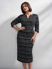 Chikora 大码女式中长款V领连衣裙，黑色七分袖黑白条纹铅笔裙，及膝V领通勤优雅修身连衣裙，办公室连衣裙，简约修身连衣裙 - 黑與白 - 查看 1