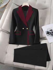 Elenzga Bộ vest nữ cao cấp phối màu thanh lịch gồm áo blazer và quần ống loe, gồm 2 mảnh, phù hợp cho công sở, đi làm và mặc hàng ngày. - Màu Đỏ Sâu - Xem 6