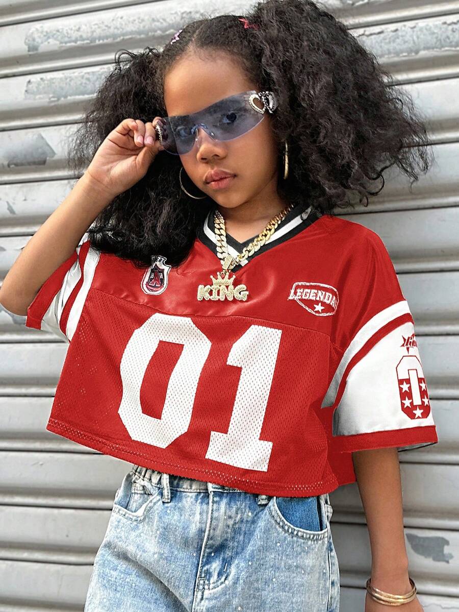 Coolane Kids 少女夏季派对/毕业/休闲/度假/街头风/Y2K/时尚闪亮透气网眼数字图案V领短款针织红色T恤 - 紅色 - 查看 1