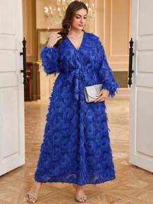 Reflora 大码女式V领交叉腰部打结流苏设计长袖连衣裙，时尚百搭，适合约会和派对 - 藏蓝色 - 查看 7