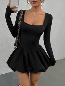 SHEIN PETITE CURVE Plus Size Solid Color Mesh Patchwork Sheer Sexy Square Neck Long Sleeve Dress,Black Dress , Elegant Dresses For Ladies, Date Night Outfit Curve, Curve Birthday Outfit, Black Dress Long Sleeve, Dress Black,, Sexy Elegant Dress, Going Out Outfits, Dress For Wedding Guest , Elegant Party Dresses For Women , Carnival Costume For Women , Valentine's Day Outfit , Spring Outfit - Black - View 4