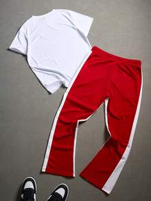PAVTROS Ensemble t-shirt à manches courtes avec imprimé croix et lettres, et pantalon long avec cordon de serrage à la taille contrastant, pour homme. Convient pour le printemps, l'été et l'automne. - Multicolore - Voir 2
