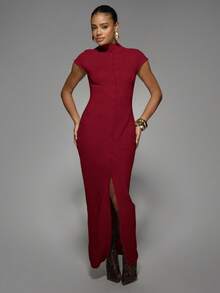 MISSGUIDED Mock Neck Cap Sleeve Button Front Midi Length Bodycon Dress With Side Slit For Fall Winter - Burgundy - View 6