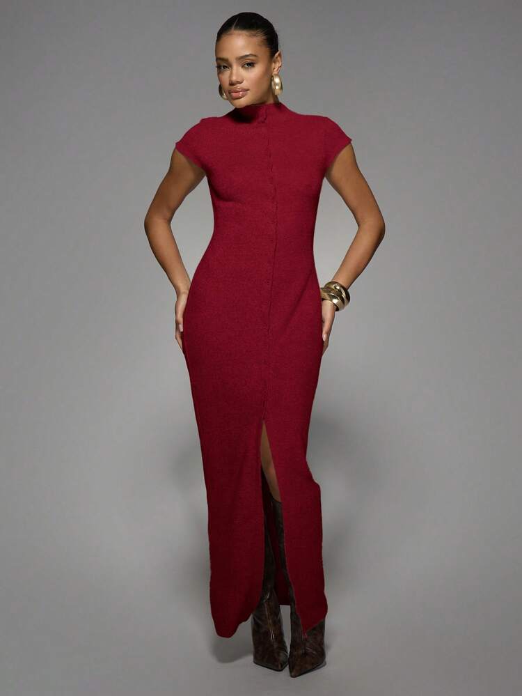 MISSGUIDED Mock Neck Cap Sleeve Button Front Midi Length Bodycon Dress With Side Slit For Fall Winter