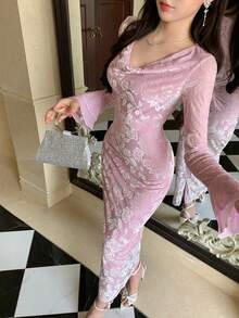 DAZY Đầm maxi dài tay thanh lịch cổ xếp ly in hoa dành cho nữ. - Màu tím - Xem 2