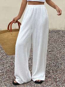 Livesso Women's Perforated Textured Grid White Casual Pants, Loose Relaxed Beach Holiday Style, Straight Leg, Spring/Summer - White - View 3