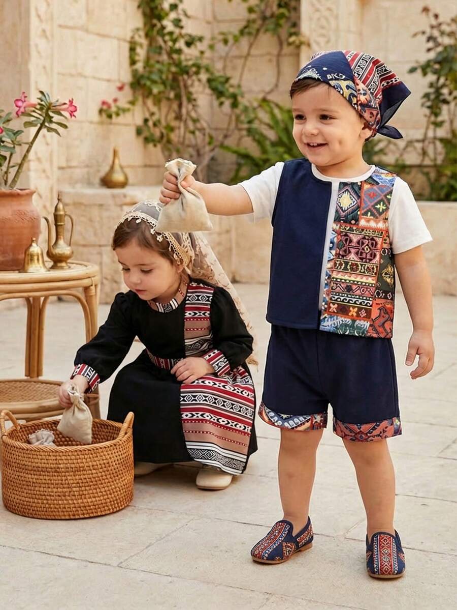 SHEIN Baby Boys Elastic Waist Woven Striped Shorts & Woven Striped Vest, Suitable For Casual Activities, Festivals, Evening Events, Spring/Summer Outdoor Leisure, Traditional Arabic Clothing - Multicolor - View 1