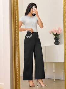 Modelyn 时尚新款串珠镶钻女式黑色裤子 - 黑色 - 查看 7