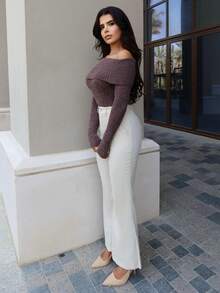 Hindelle 女士秋冬 Y2K 法兰绒露肩女式毛衣 - 棕色 - 查看 5