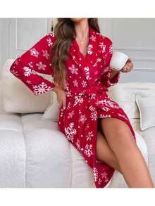 女士睡袍一件装，印花时尚浴袍，宽松长袖柔软保暖绒袍，适合冬季穿着，也适合派对、日常、学生夏季婚礼、家居浴室装饰等场合。 - 粉色 - 查看 2