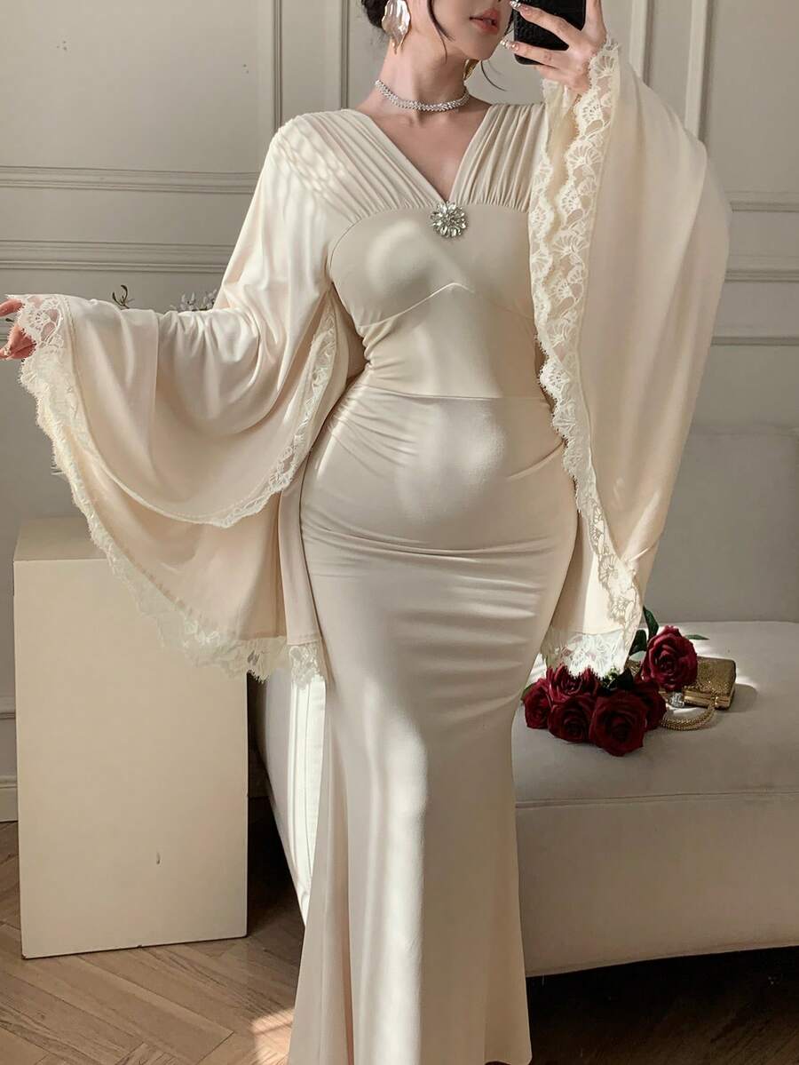 DAZY Đầm dài tay bồng ren thanh lịch dành cho nữ, đầm dự tiệc cưới mùa xuân/hè. - Màu be - Xem 1