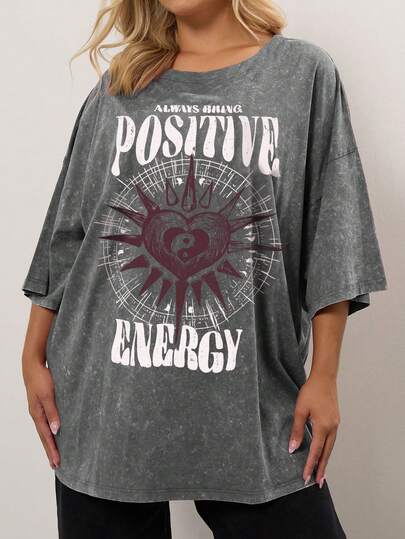 EMERY ROSE 大码时尚爱心图案印花休闲宽松中长款短袖圆领女式T恤