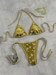 Swim Chiccia Summer Vacation Sexy Beaded Halter Backless Tie Bikini Set - Green - View 2