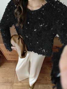 Elyressa 1pc Fashionable Fluffy Sequin European Design Loose Relaxed Fit Crew Neck Pullover Sweater, Cropped Soft & Cozy Elegant Women Winter - Black - View 8