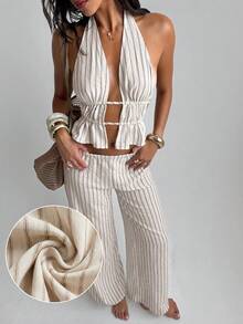 Aloruh Bộ đồ nữ mới về: Áo croptop không tay cổ yếm kẻ sọc và quần ống rộng, trang phục thường ngày cho kỳ nghỉ. - Nhiều màu - Xem 9