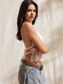 Easelle Women's Pleated Halter Neckline Waist-Tied Backless Tank Top