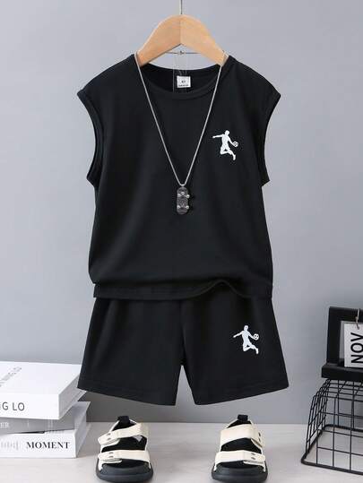 SHEIN 夏季可爱印花圆领无袖上衣和短裤套装，适合度假、旅行、休闲、日光浴。