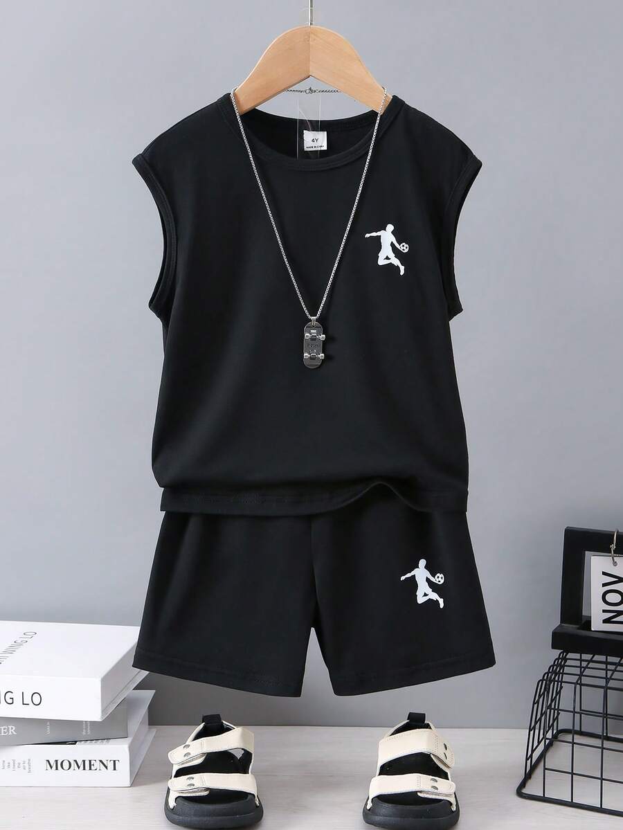 SHEIN Bộ đồ mùa hè dễ thương gồm áo không tay cổ tròn và quần short, thích hợp cho kỳ nghỉ, du lịch, thư giãn và tắm nắng. - màu đen - Xem 1