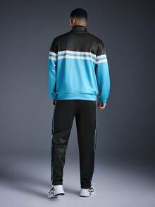 Driftmere Men's Fashion Colorblock Striped Patchwork Half-Zip Sweatshirt And Pants Set, Fall Clothes - Multicolor - View 2