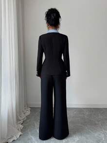 Elenzga Women's New Elegant Color Block High-End Blazer Jacket & Flared Pants 2 Pieces Suit Set, Suitable For Business, Commute, And Daily Office Wear - Blue - View 2