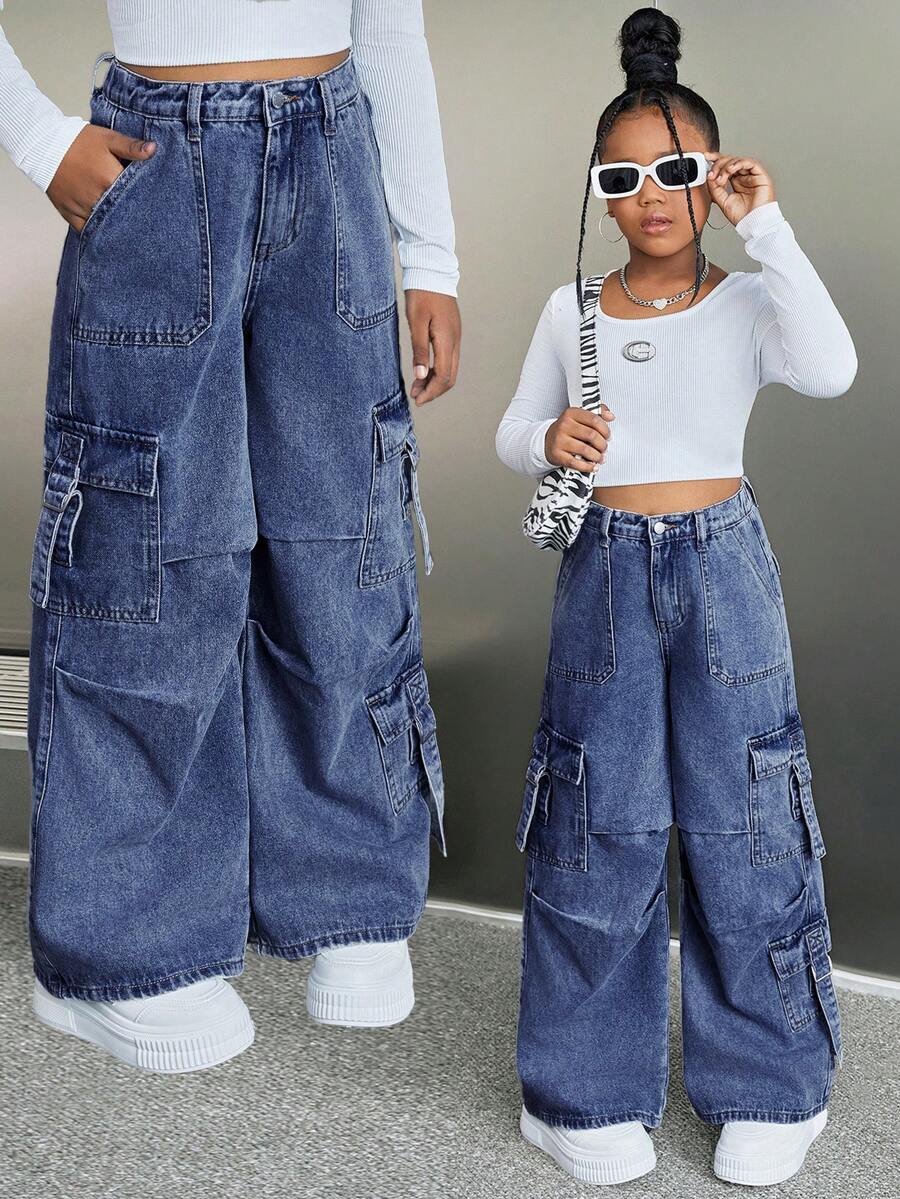 SHEIN Tween Girl's Y2K Loose Casual Denim Jeans With Pockets, Pleats, And Wide-Legged Design,Girls Casual Button,Pocket,Zipper Drop Waist Wide Leg Long Blue Loose Girls Jeans,Fall/Winter,Casual Daily Wear