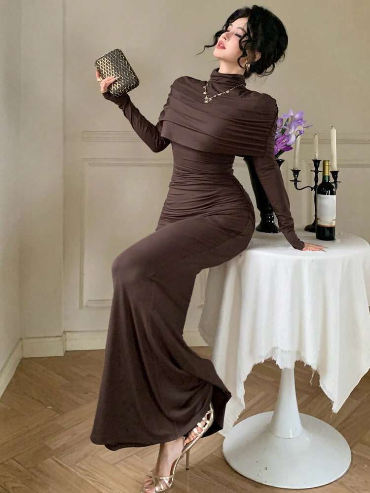 Brown Shawl & Bodycon Dress Set, Elegant For Casual, Beach, Wedding, Commute, Spring/Summer