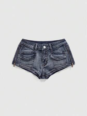 J-Fashion Short en jean vintage délavé à taille basse sexy avec fermeture éclair en métal pour femmes