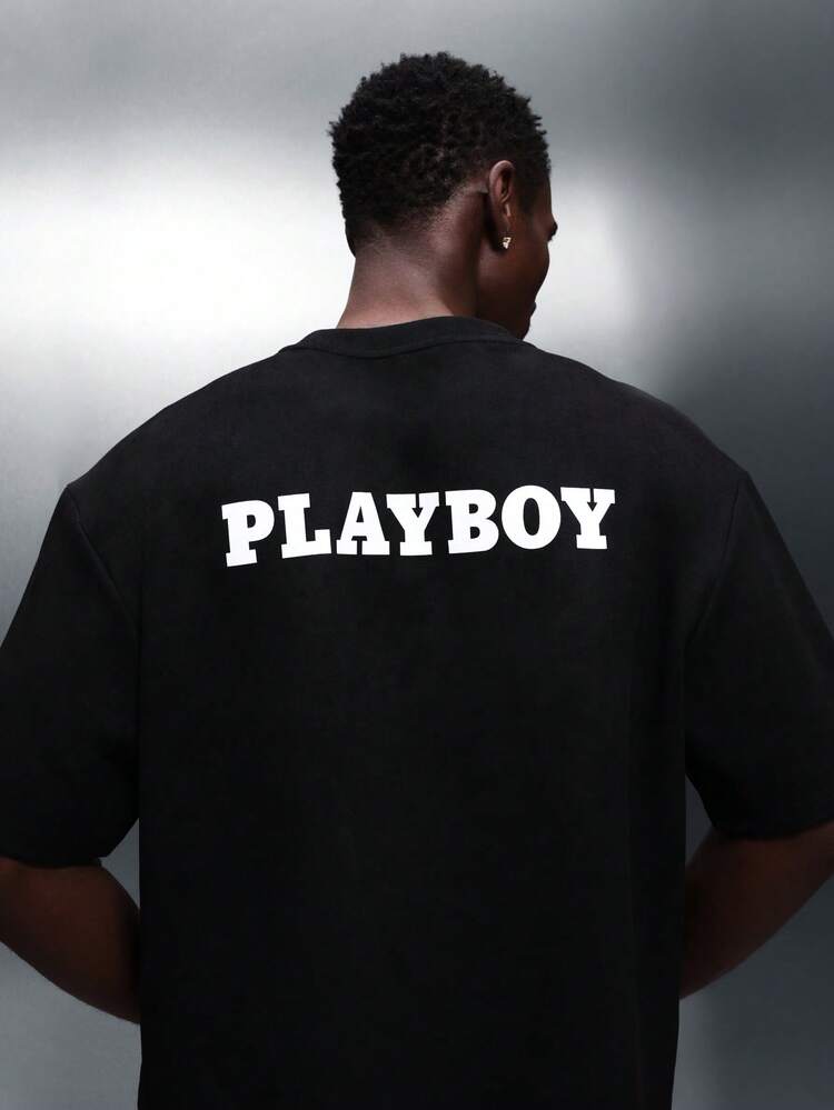 PLAYBOY X SUMWON Cropped Fit Short Sleeve Crew Neck T-Shirt With Bold Back Print Statement Graphic Tee Casual Summer Top