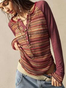 Bohemela Women's Spring/Summer Vacation Beach Casual Bohemian Patchwork Striped Crochet Patchwork Raglan Sleeve Button-Up T-Shirt,Summer Holiday Outfits,Summer Tops , Spring Outfit Women,Beach Outfits For Women